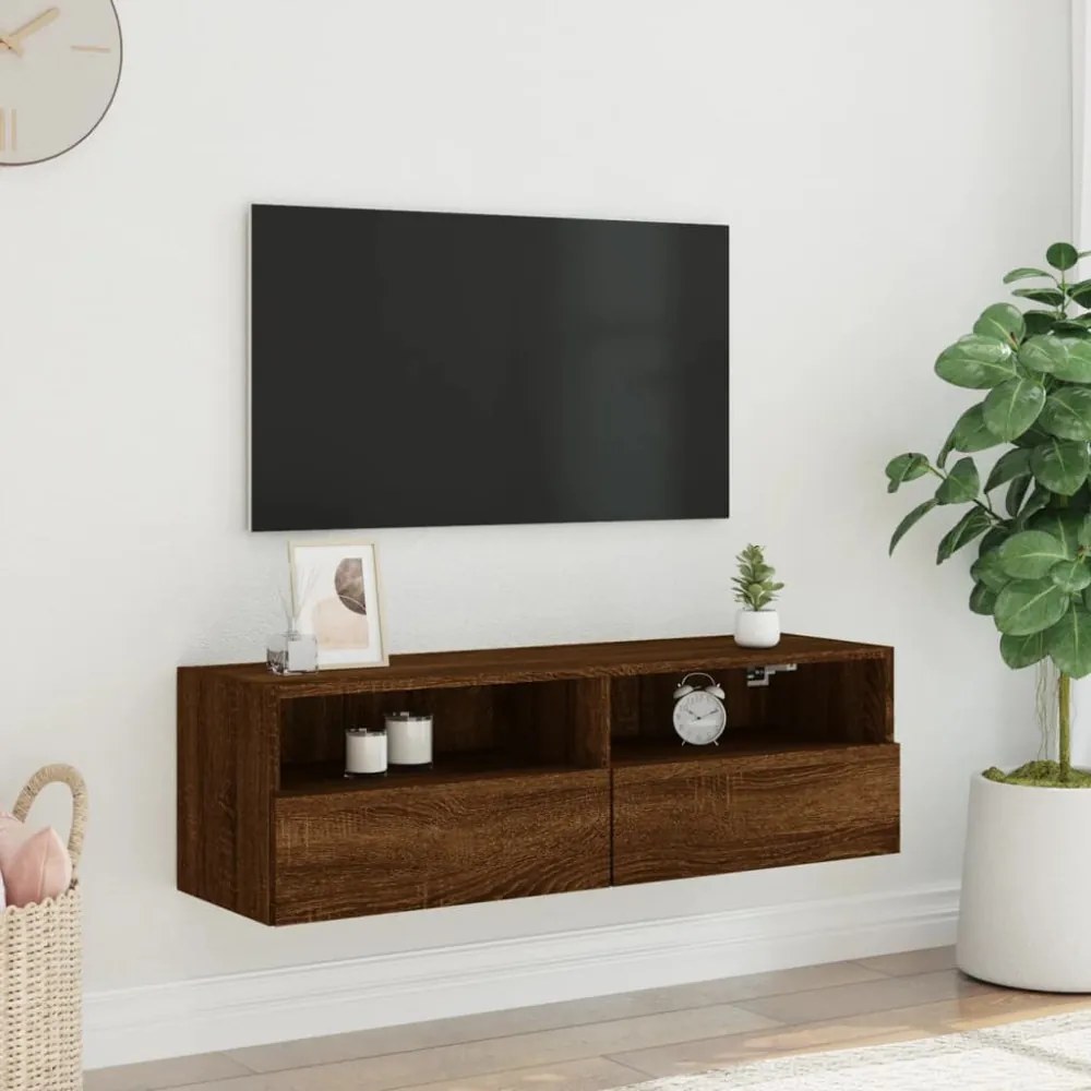 barna tölgyszínű szerelt fa fali TV-szekrény 100 x 30 x 30 cm