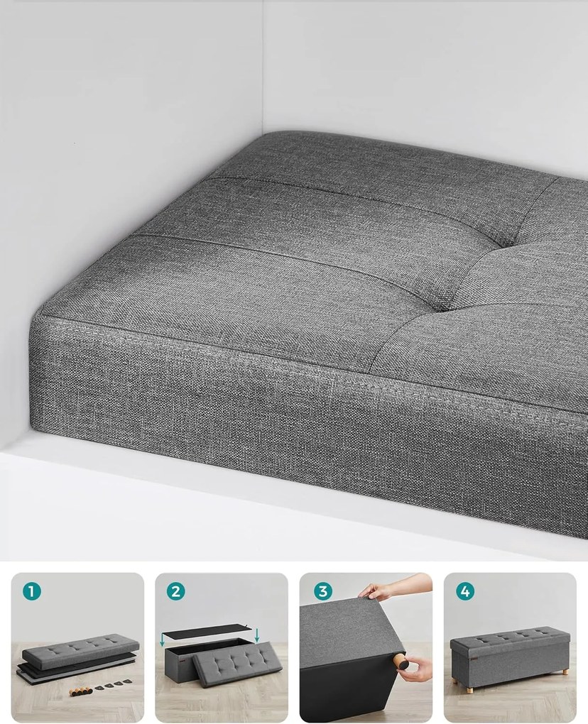 tárolós ülőke, összecsukható pad lábakkal, 38 × 110 × 40 cm, szürke színben