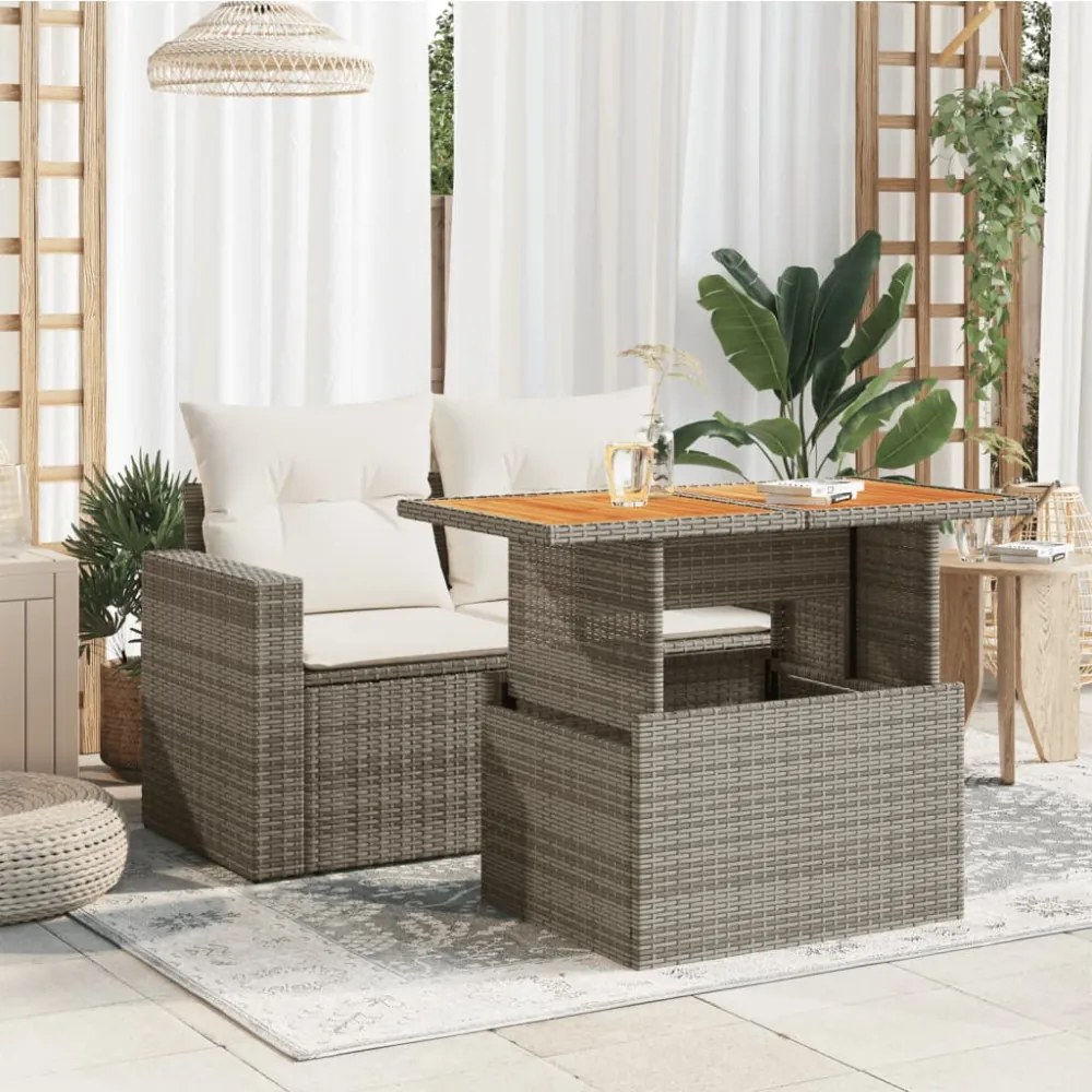 szürke polyrattan és akácfa kerti asztal 100 x 55 x 73 cm
