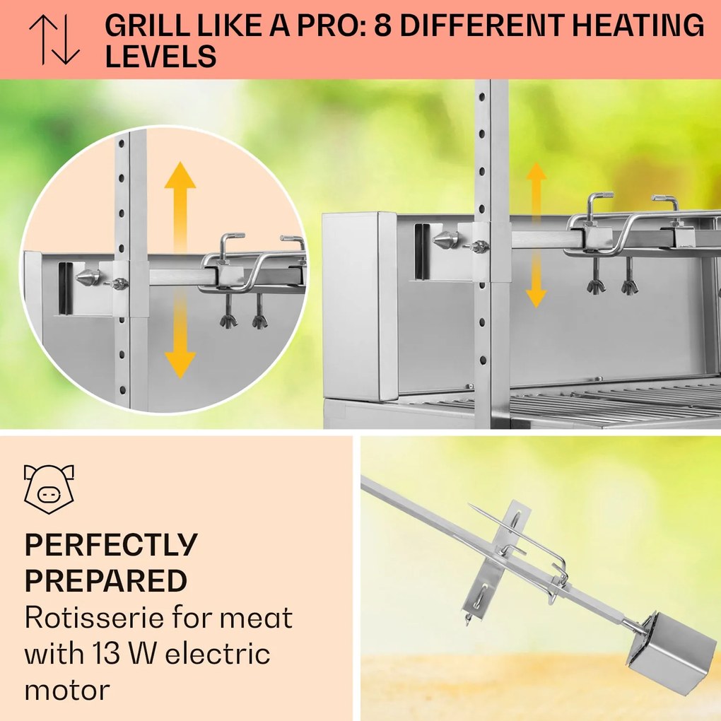 Sauenland Pro, malacsütő grill, forgó nyárs, 13 W, 4 kerék, rozsdamentes acél