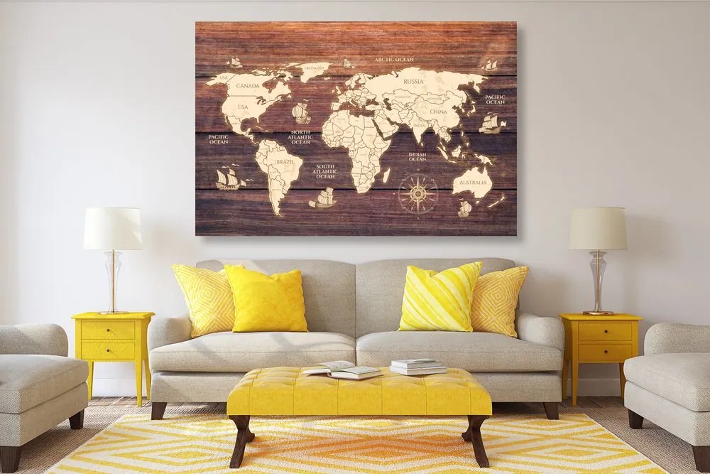 Kép világtérkép fa hatású háttéren