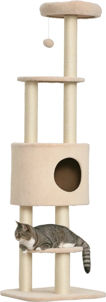 PawHut Macska Kaparófa 148 cm Magas Macska Torony Szizál Posztokkal, 3 Platformmal, Házikóval és Függő Játékszerei | Aosom