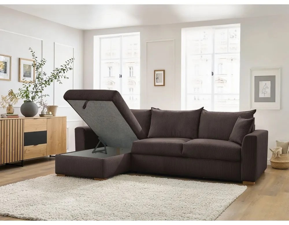 Barna kordbársony kinyitható sarokkanapé (variálható) Augustin – Bobochic Paris