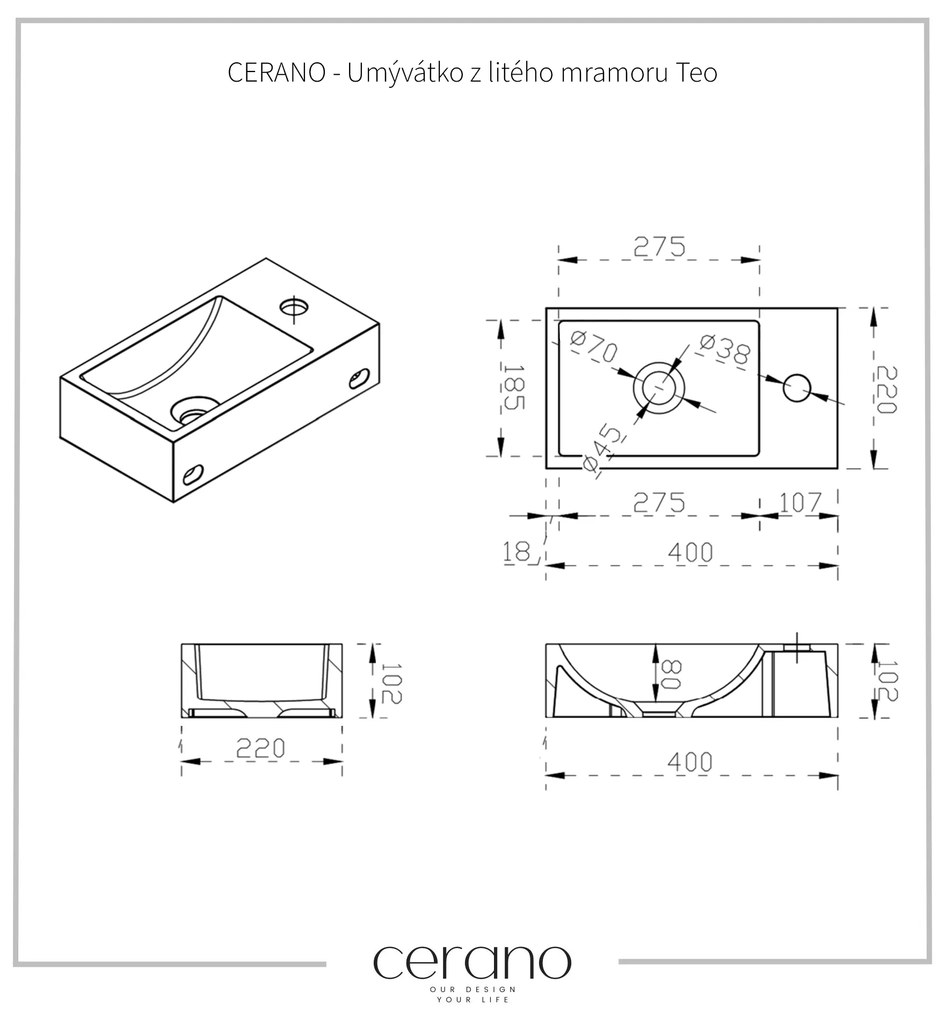 CERANO - Teo öntött márvány mosogató, falra szerelhető jobbos - fekete matt - 40x22 cm, CER-CER-482707