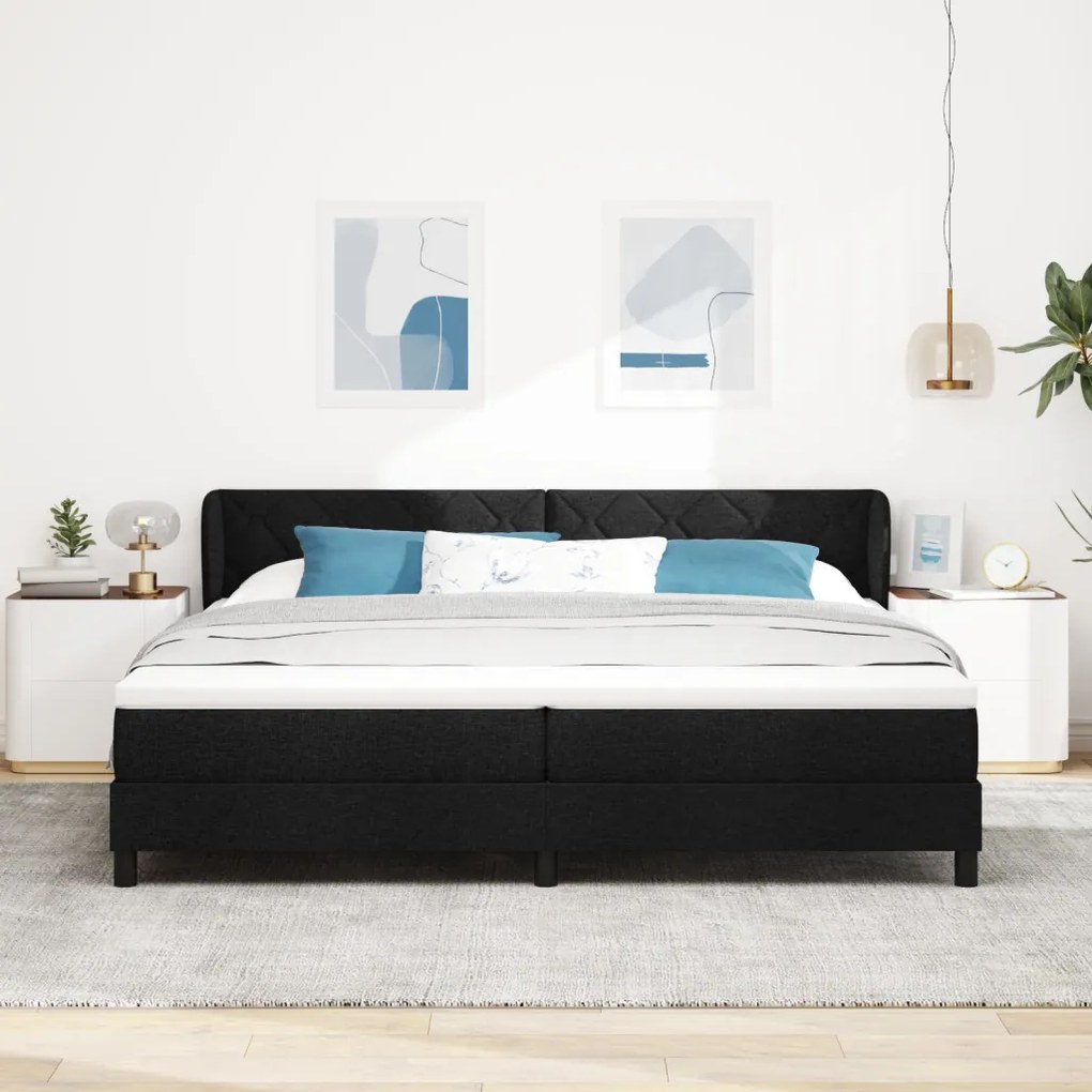 Fekete Box Spring Ágy Mattal, 200x200 cm, Szövet