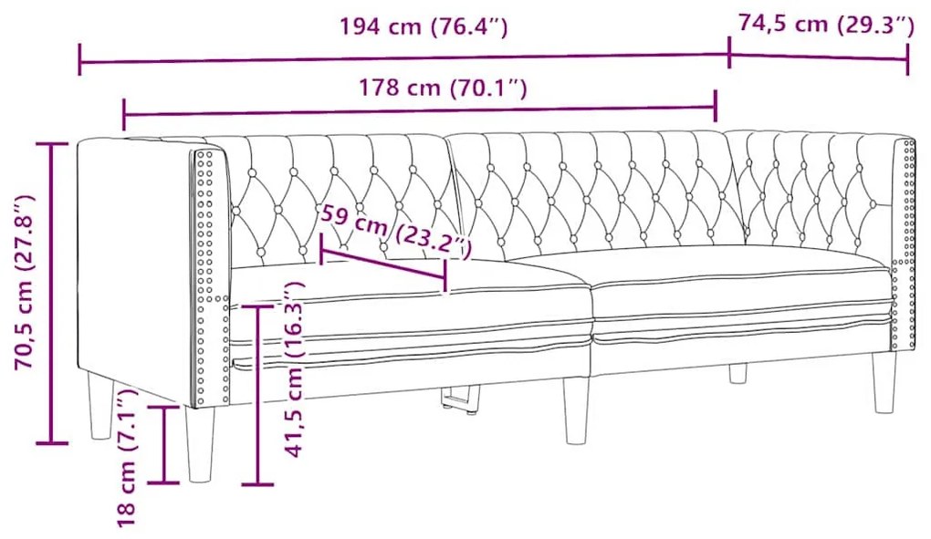 Chesterfield kanapé Argyle Fekete 194 x 74.5 x 70.5 cm Műbőr