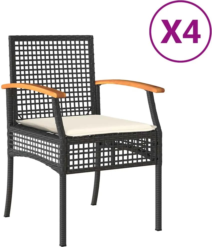 vidaXL 4 db fekete polyrattan és akácfa kerti szék párnákkal