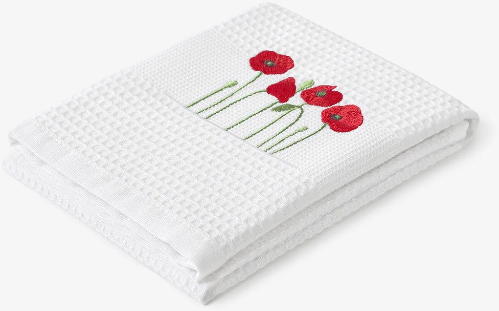 Goldea hímzett waffle konyharuha - pipacsok fehér alapon 50 x 70 cm