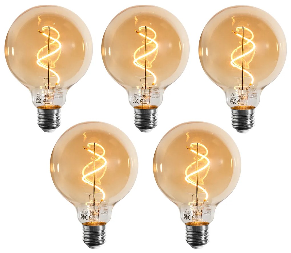 Set van 5 E27 dimbare LED lamp spiraal filament G95 goud 4W 270 lm 2100K