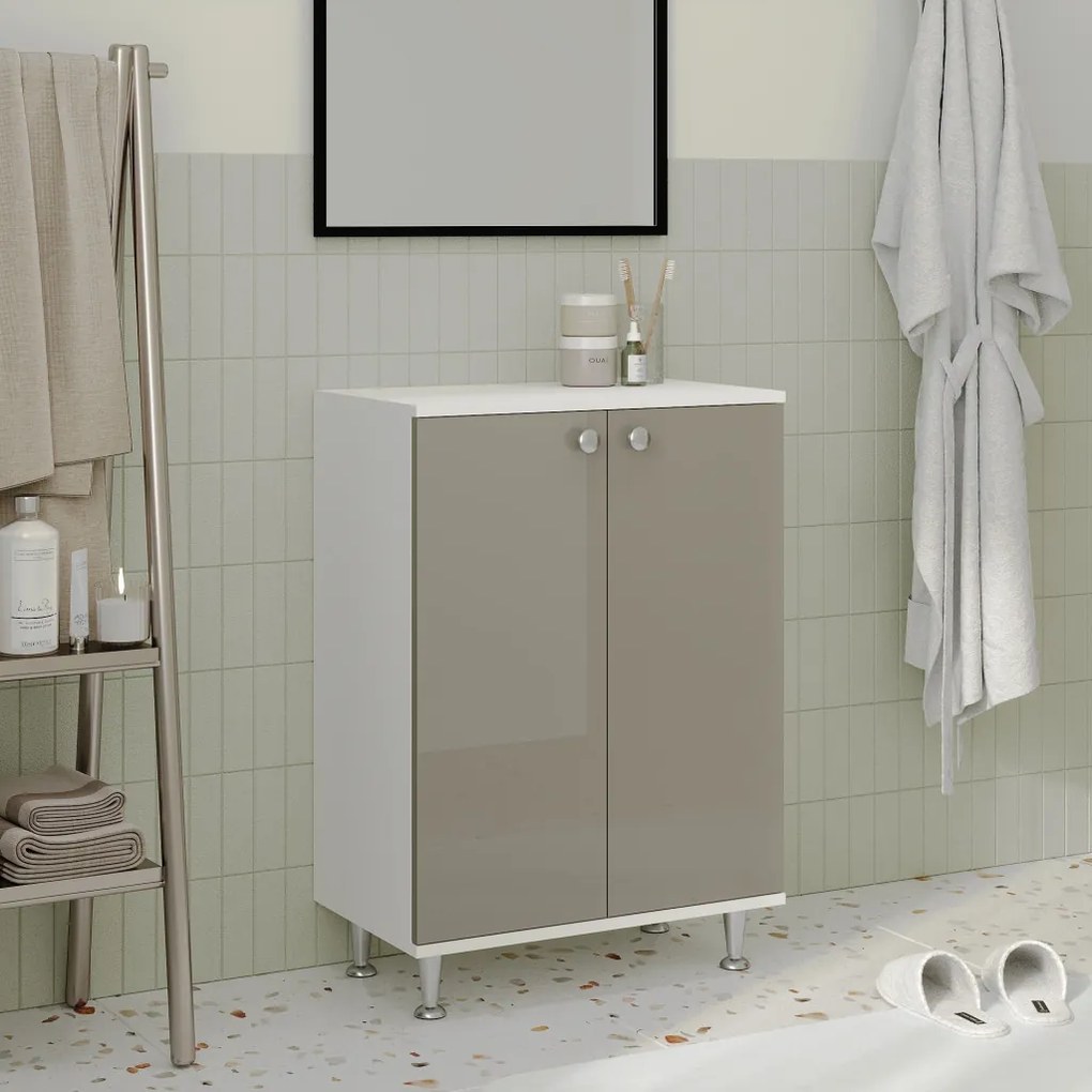 Zaria 2 ajtós fürdőszobai szekrény, Fényes szürke / Fehér, MDF, 60 x 35 x 85 cm