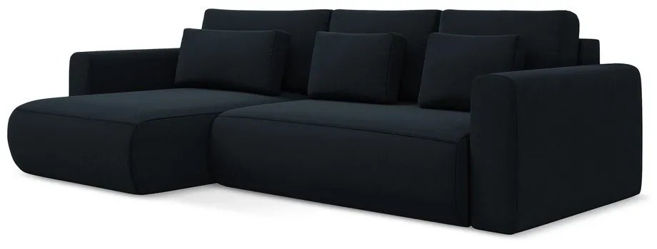 Sötétkék bársony kinyitható-tárolóhelyes sarokkanapé (bal oldali-heverő résszel) Kapua – Makamii