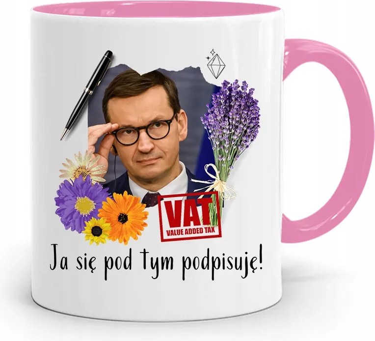 Rózsaszín Politikai Bögre Mateusz Morawiecki Miniszterelnök fényképes nyomtatással