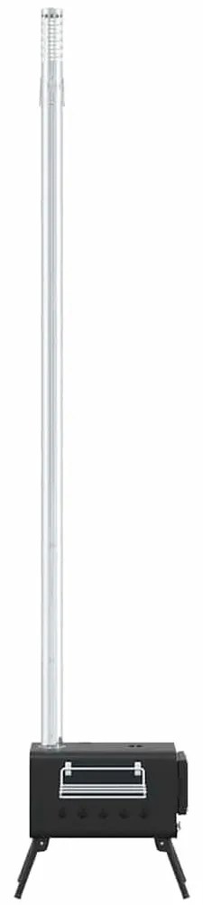 fekete acél sátorkályha kéménnyel és összecsukható lábakkal