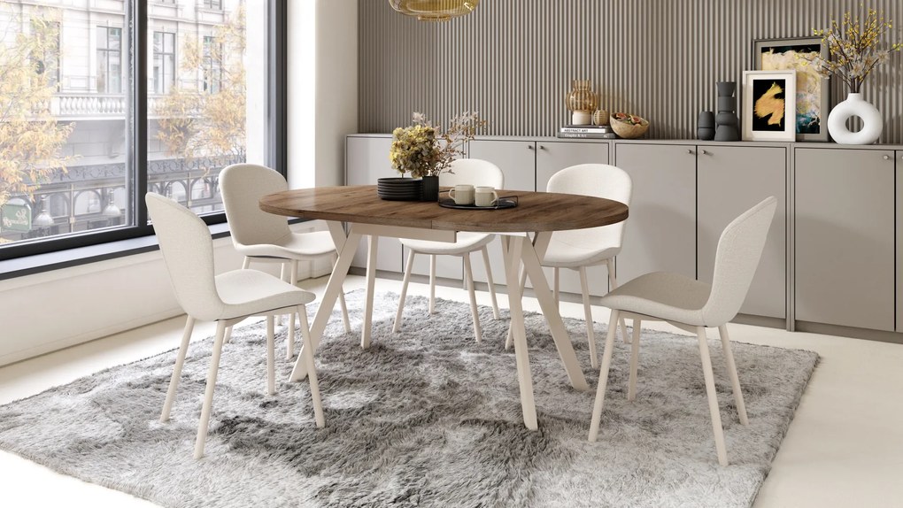 Mazzoni ALMO Elegáns Dió/bézs lábak - BŐVÍTHETŐ KEREK ASZTAL Y ALAKÚ LÁBAKKAL LOFT/IPARI STÍLUSÚ NAPPALIBA/ÉTKEZŐBE