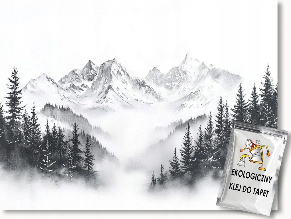 Fotótapéta Flizelina Hegyek Csúcsok Erdő Fák Tél Hó B&amp;w 104x70,5 ragasztó