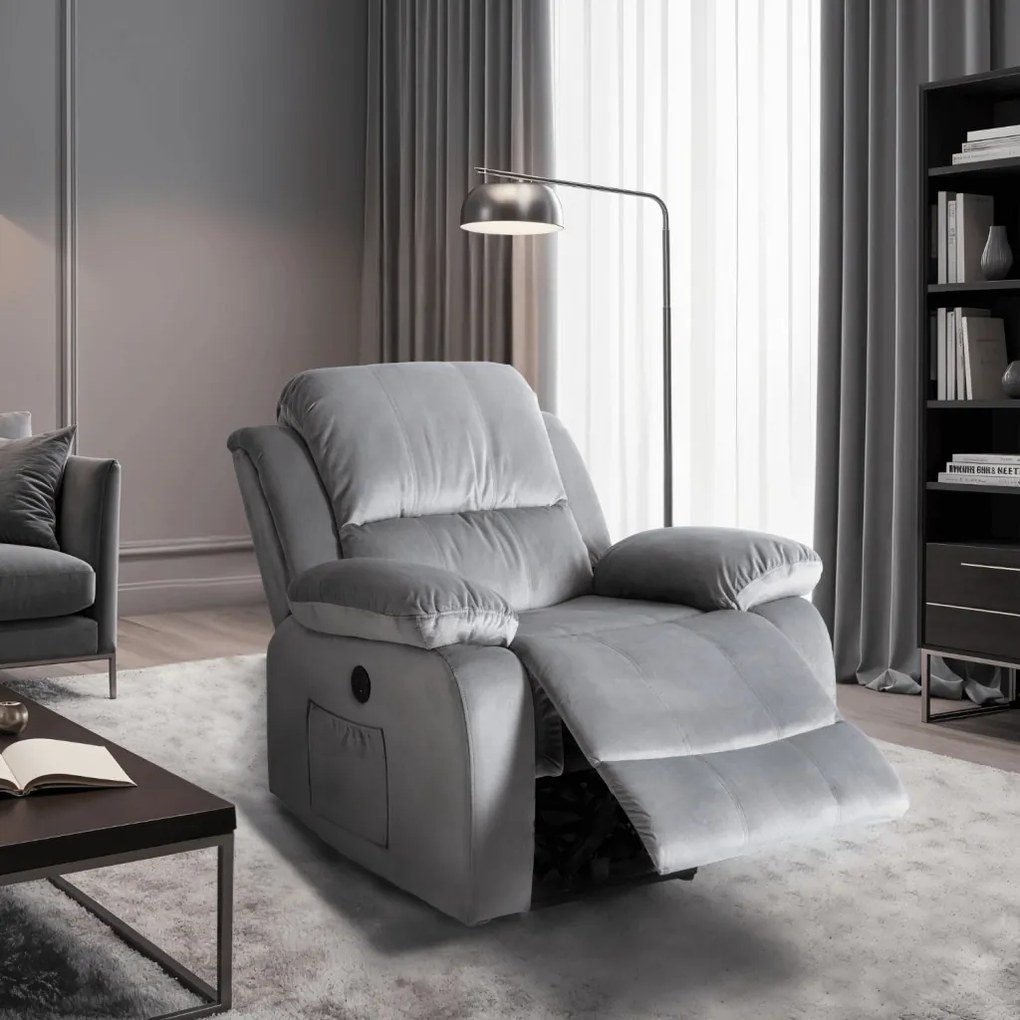 Elektromosan Vezérelhető Masszázsfunkciós Relaxfotel Szürke Bársony Kárpittal. ARON