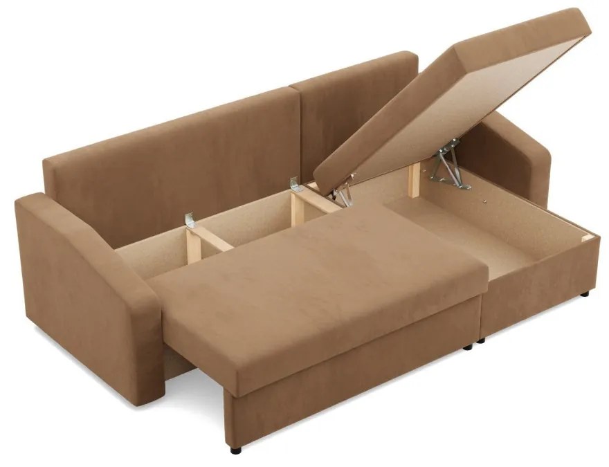 Zeus sarokkanapé, 2 ágyneműtartóval, döntött kartámasz, szövet anyag, univerzális oldal, hab töltet, barna