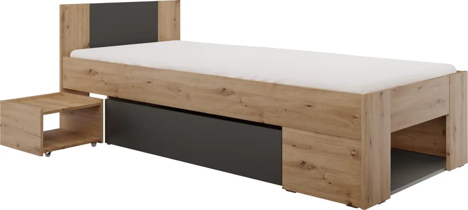 Ágy tárhellyel, 90x200, artisan tölgy/antracit, UNIS