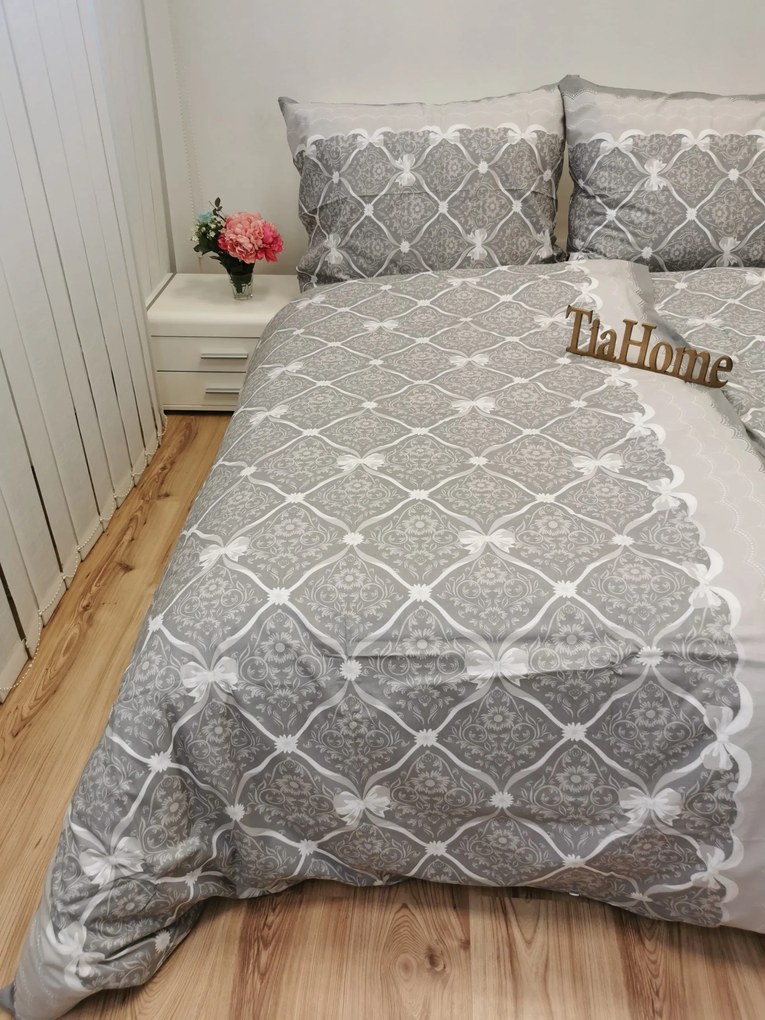 Vintage szürke Szalag pamut ágynemű TiaHome - 1x Párna 90x70cm, 1x Paplan 140x200cm