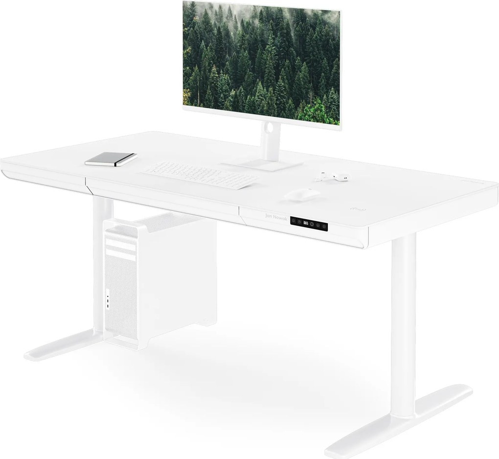 Elektromos ülő-álló íróasztal fiókkal és Qi vezeték nélküli töltővel fehér, 1400 mm: ELLIS