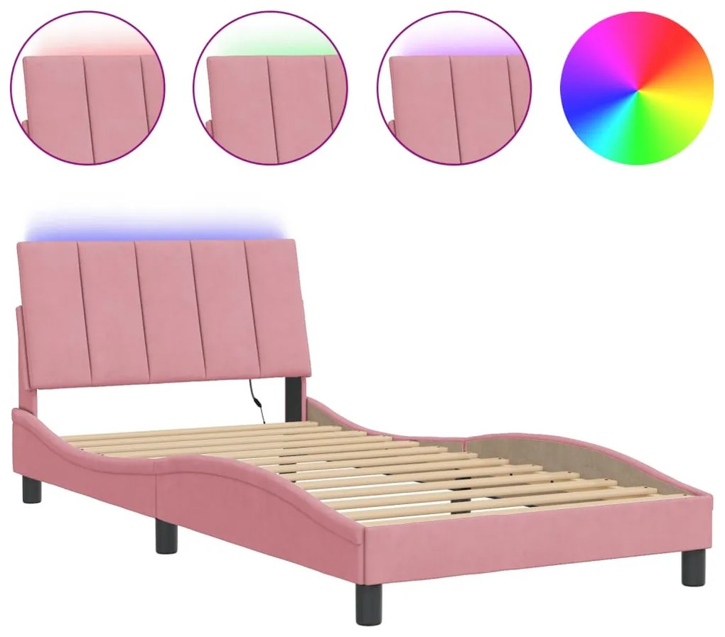 rózsaszín bársony ágykeret LED-ekkel matrac nélkül Hanko 100 x 200 cm