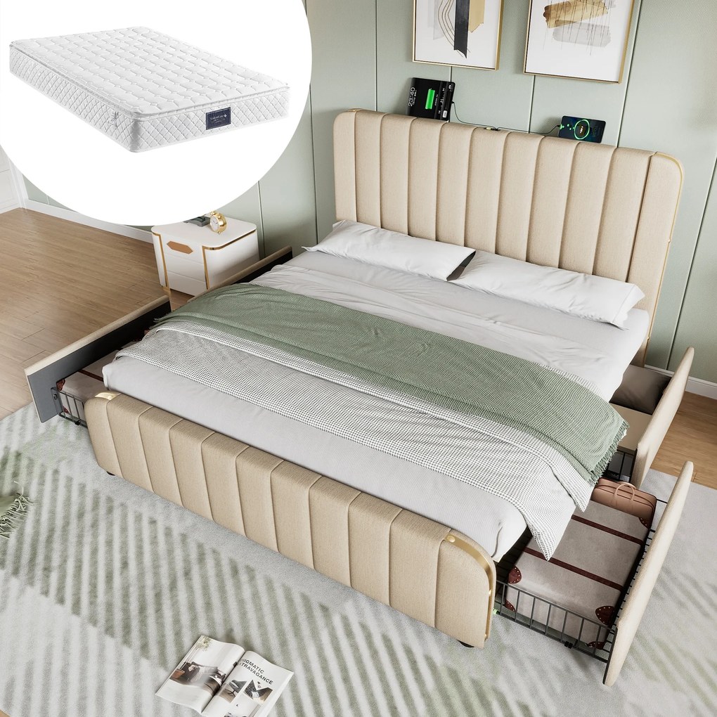 Dupla ágy kárpitozott Usb Type-C töltéssel 160x200cm bézs+matrac