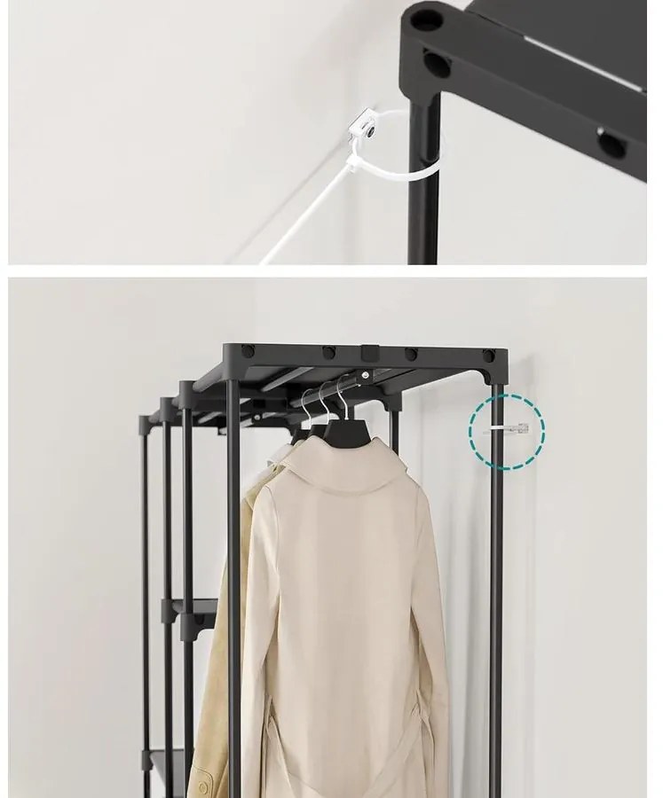 Hordozható, nyitott gardrób, ruhatartó, 43 x 182 x 182 cm fekete