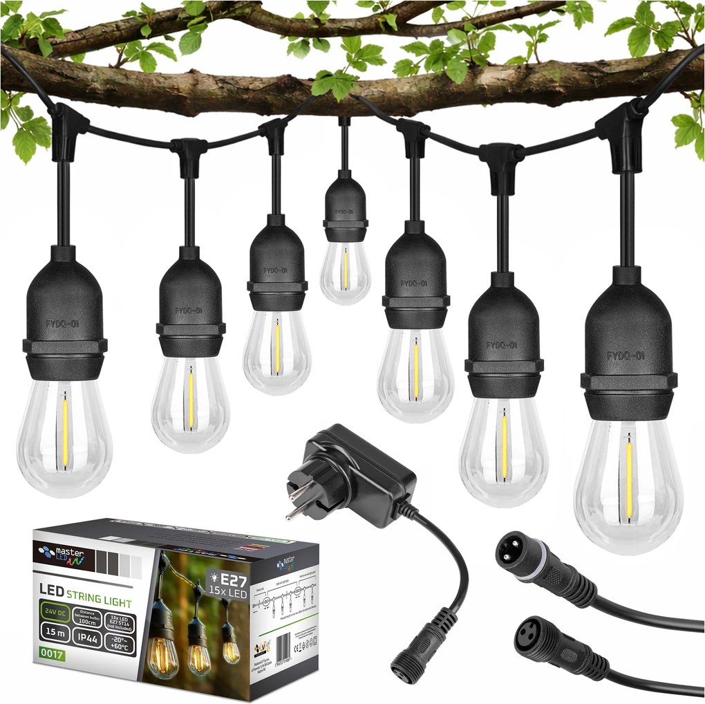 Kerti fényfüzér 15M 15X Led izzó E27 vezetékes vízálló