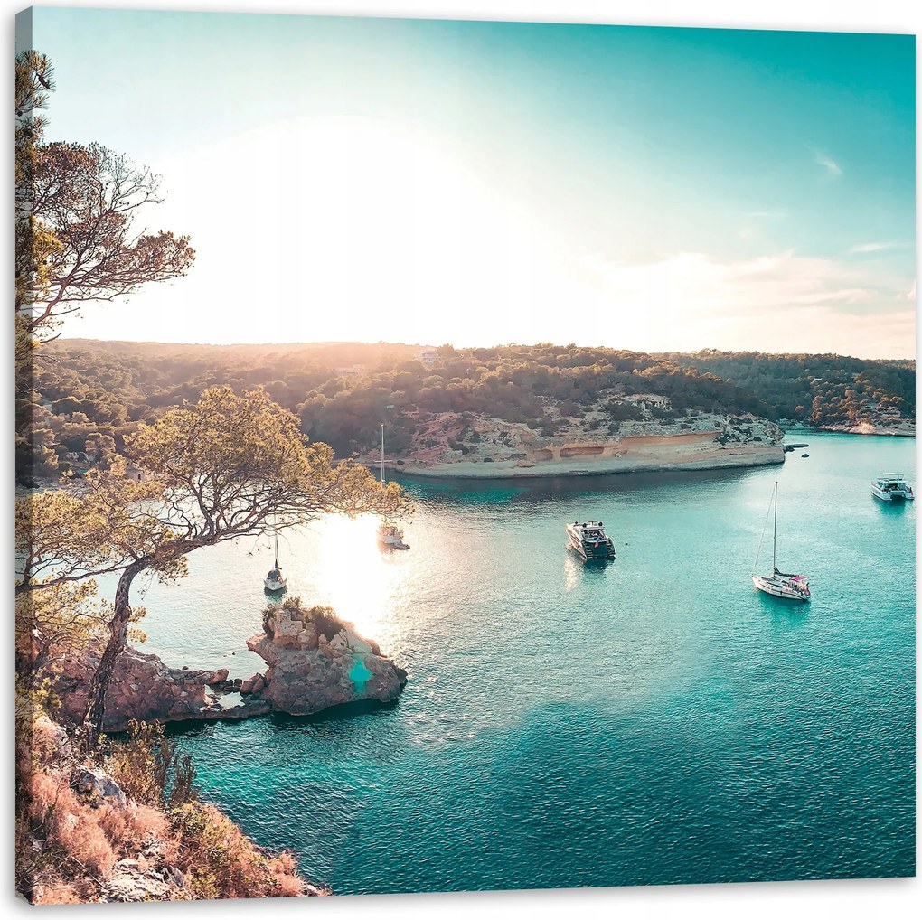 Vászonkép Víz a nap tükrében Csónakok Sziklák 50X50 cm