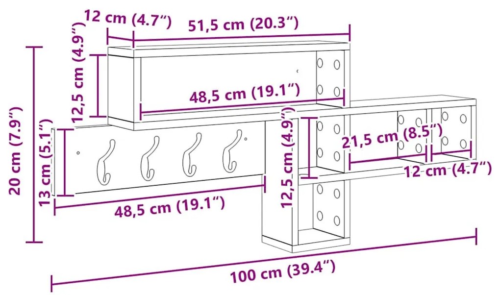 Fali Kabáthorog Beton szürke 100 x 12 x 43.5 cm Faanyag