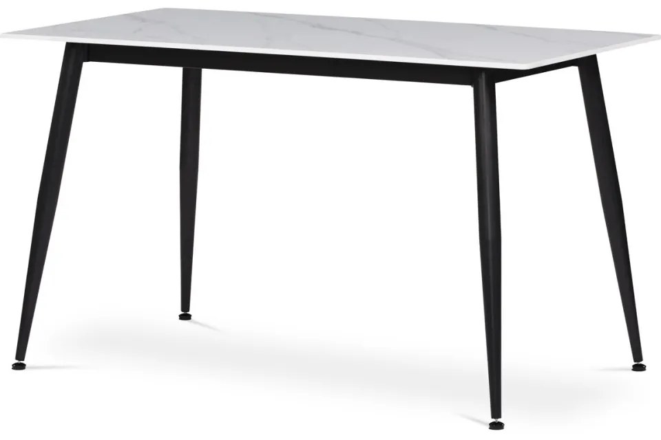 Masă albă cu efect de marmură, cu blat din ceramică, picioare din metal negru. Dimensiuni: 130x70 cm. HT-403M.