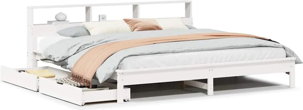 vidaXL fehér tömör fenyőfa könyvespolcos ágy matrac nélkül 180x200 cm