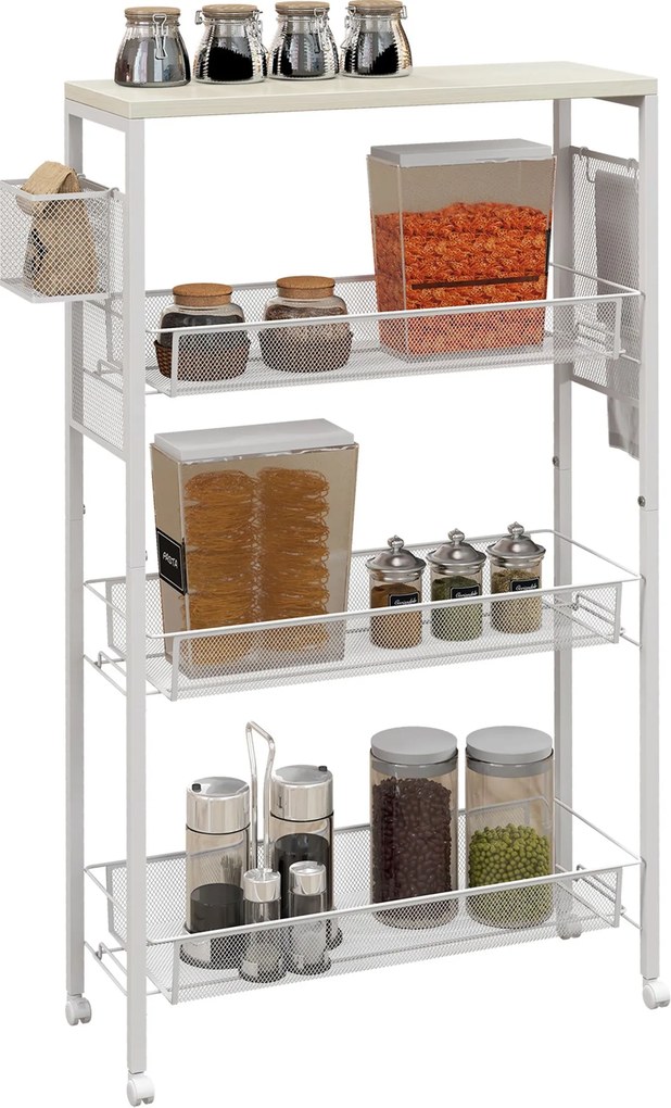 HOMCOM Konyhai Kocsi 4 Szintes Tárolóval, Munkafelülettel, Kosárral és Kampókkal, Konyhai Polc Kerekeken - Fehér | Aosom