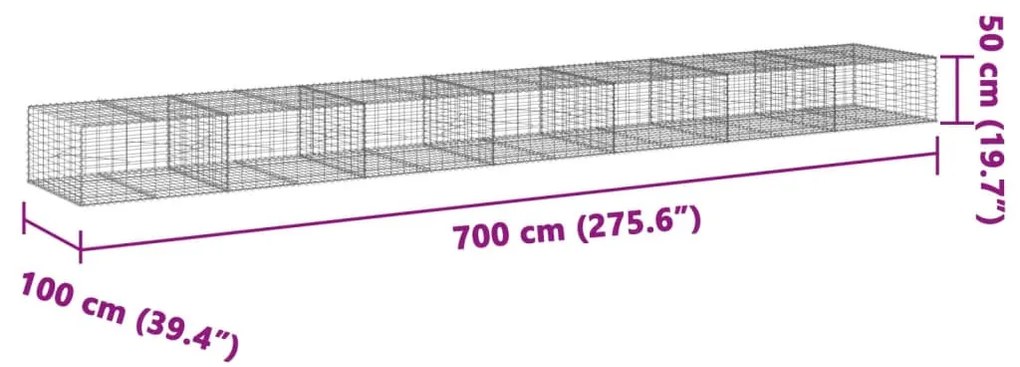 horganyzott vas gabion kosár fedéllel 700 x 100 x 50 cm