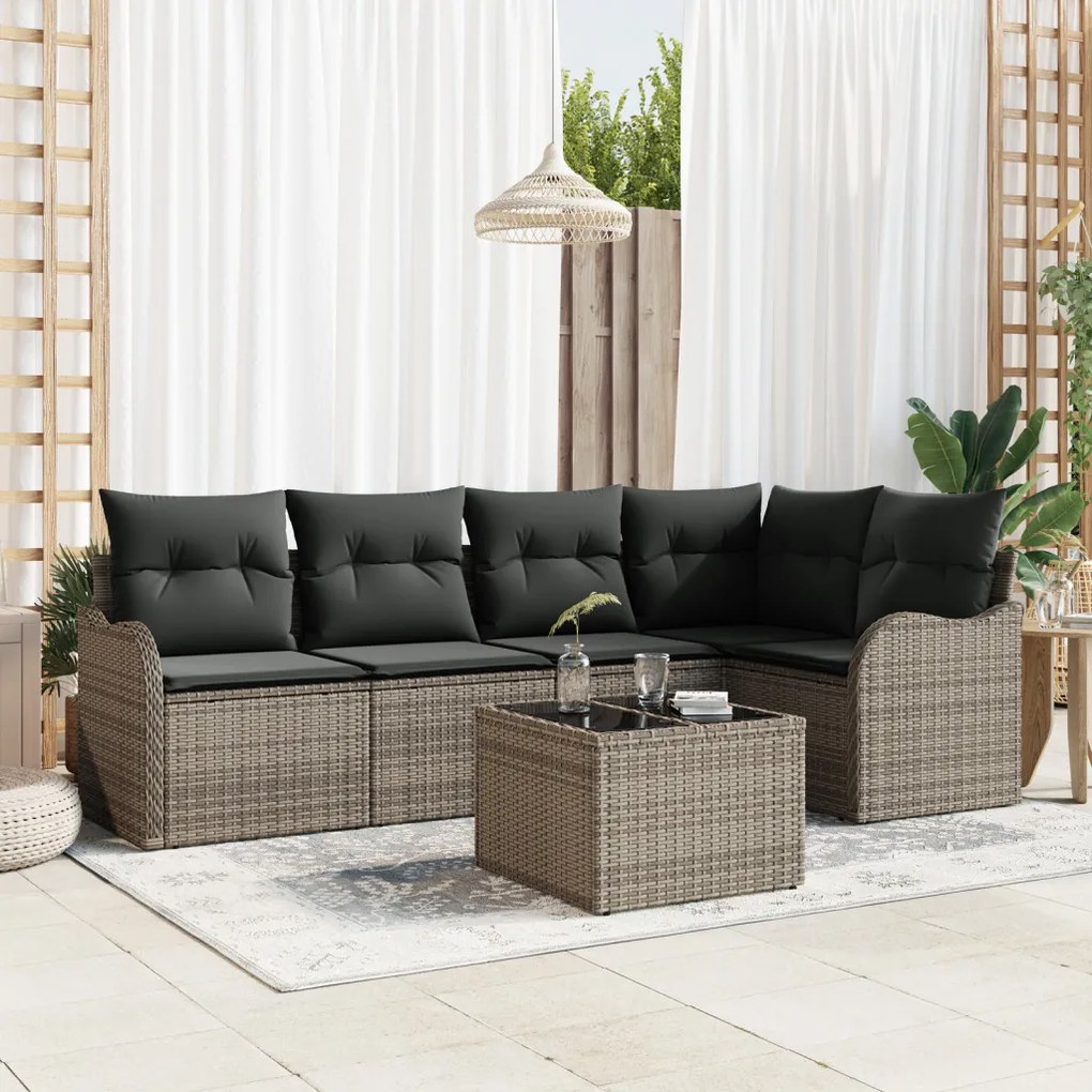 5 darabos kert kanapé szett párnákkal fekete poli-rattan, 2 személyes kert kanapé tárolóval és párnákkal szürke poli-rattan