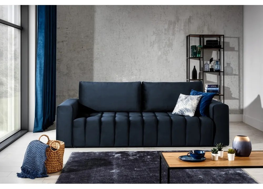 Sötétkék bársony kinyitható-tárolóhelyes kanapé 247 cm Lazaro – ELTAP