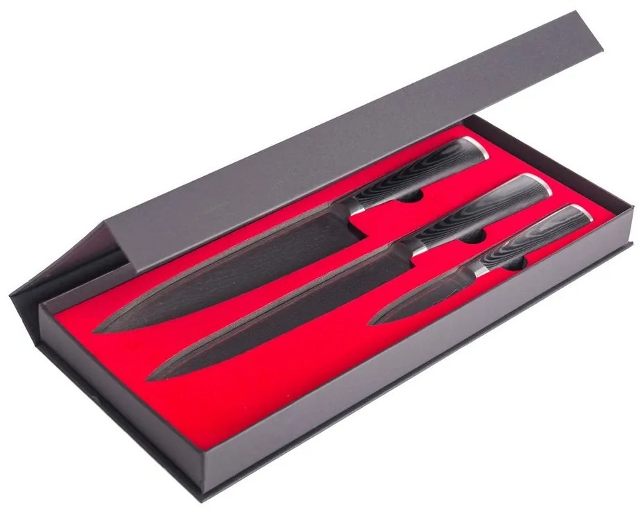 G21 Damascus Premium késkészlet bambusz blokkban, doboz, 3 db + köszörűkő