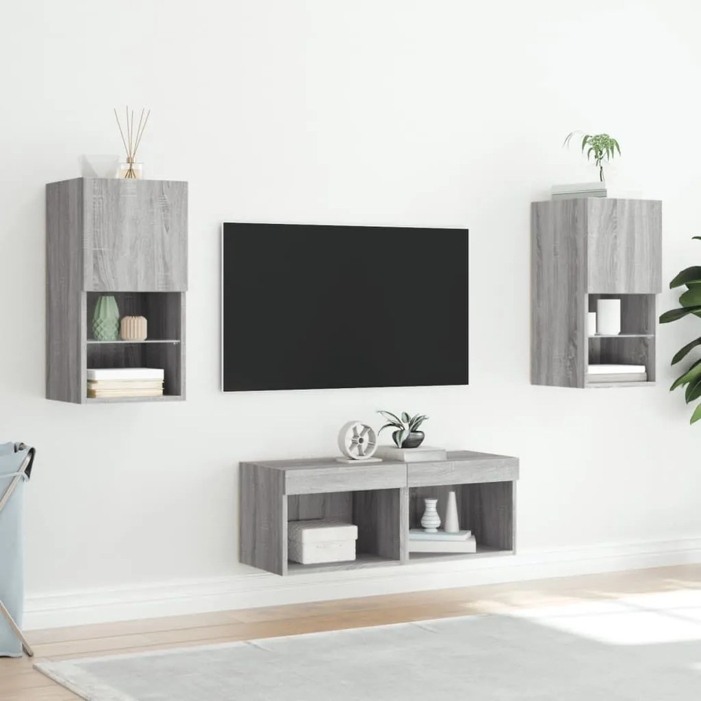 4darab szürke sonoma színű falra szerelhető TV-szekrény LED-del