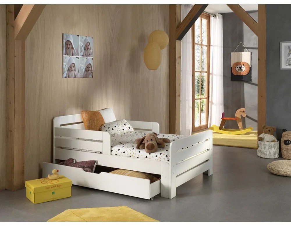 Fehér bővíthető borovi fenyő ágyneműtartós gyerekágy matraccal-ágyráccsal Jumper – Vipack