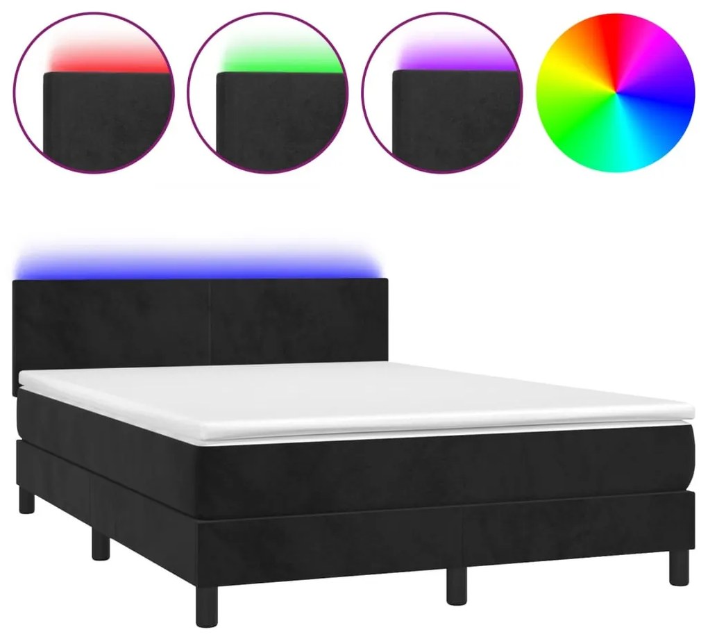fekete bársony rugós és LED-es ágy matraccal 140x200 cm