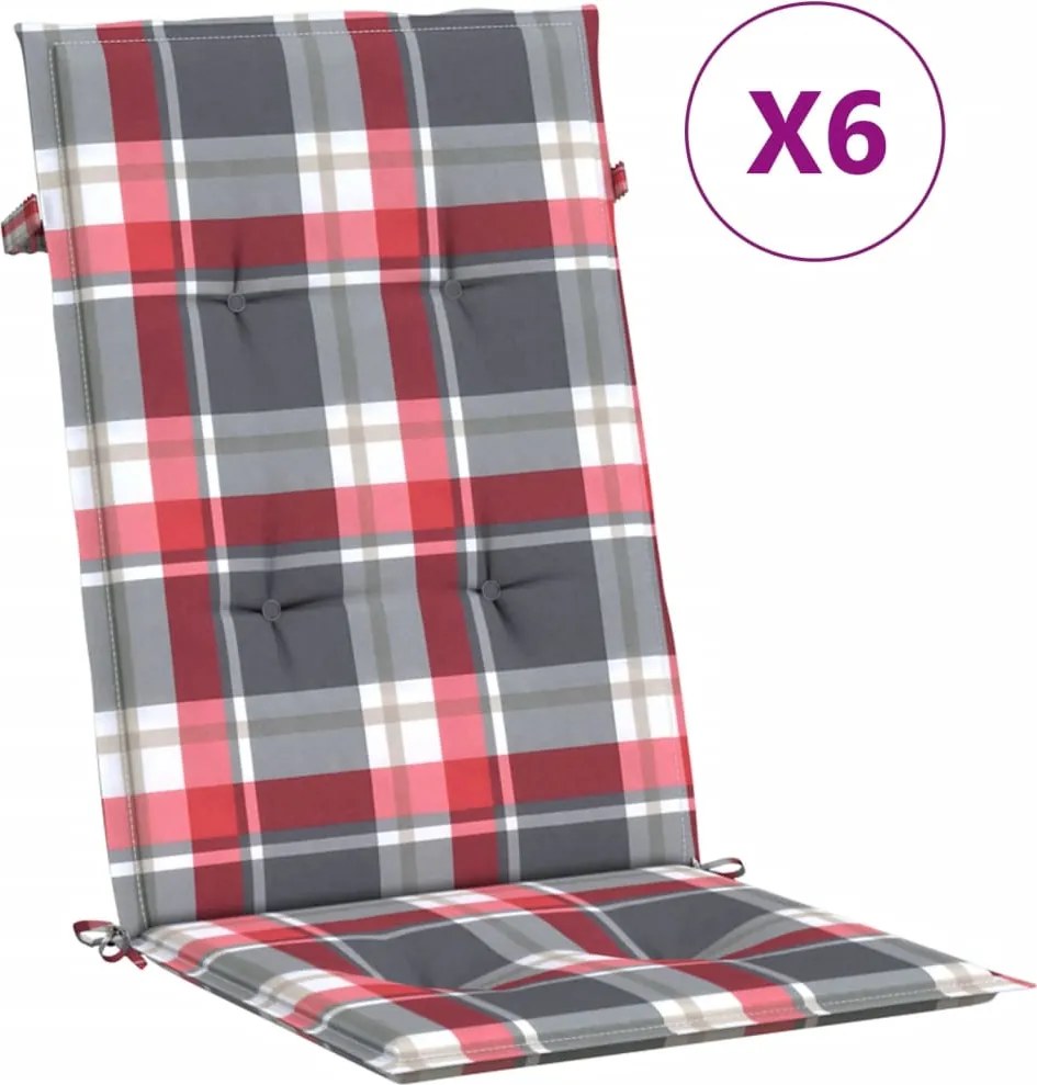 vidaXL 6 db piros kockás szövet magas háttámlájú székpárna 120x50x3 cm