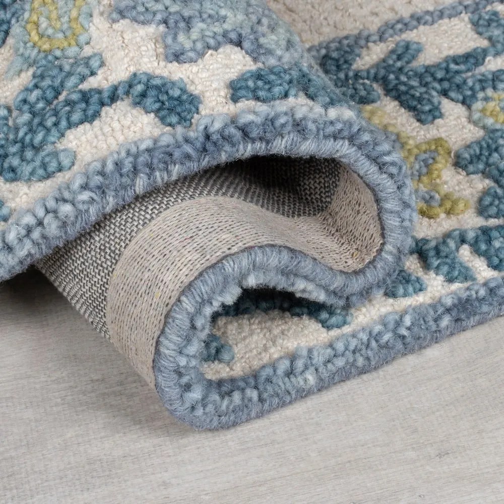 Kék-elefántcsont színű kézi szövésű gyapjúkeverék szőnyeg 200x290 cm Myla Floral Frame – Flair Rugs
