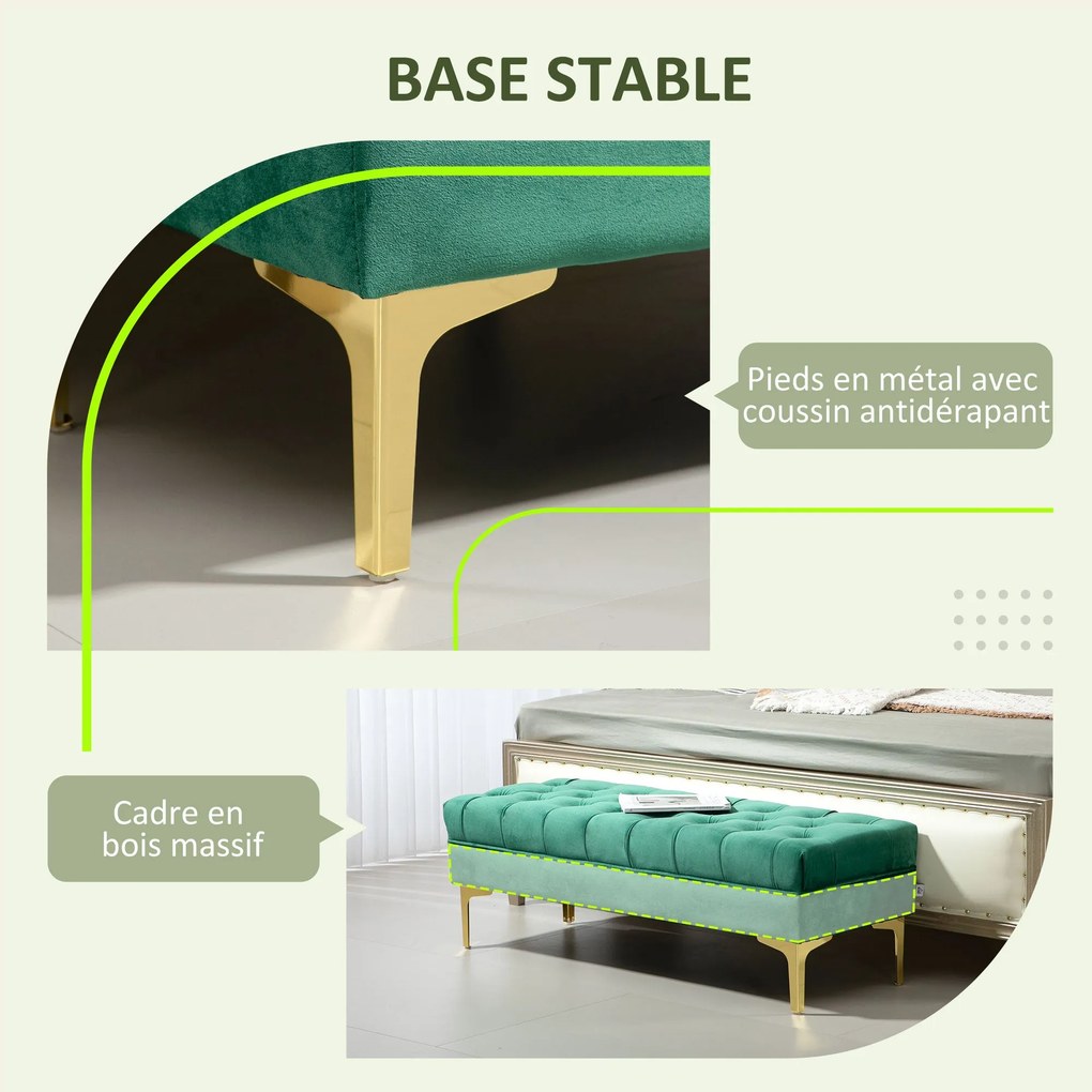 HOMCOM Klasszikus Chic Stílusú Gombtalpas Kárpitozott Ágyvégi Pad Arany Fém Lábakkal, Zöld Bársony - 118L x 45W x 42H cm | Aosom