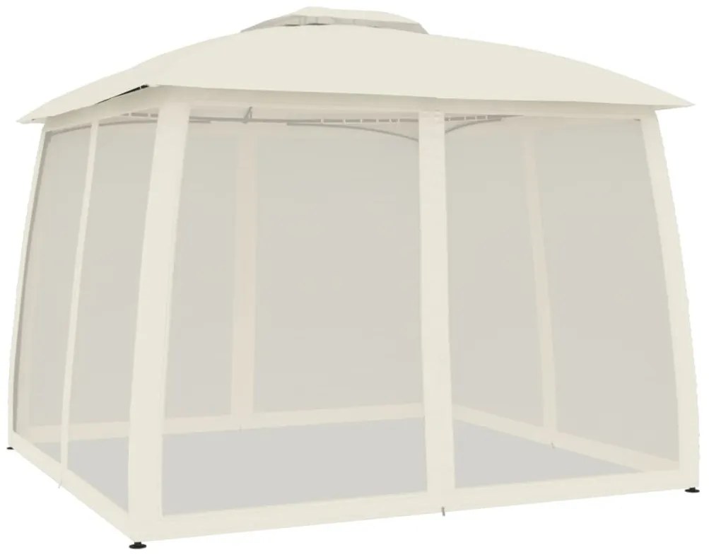 krémszínű acél dupla tetős pavilon hálós falakkal 2,93 x 2,93 m
