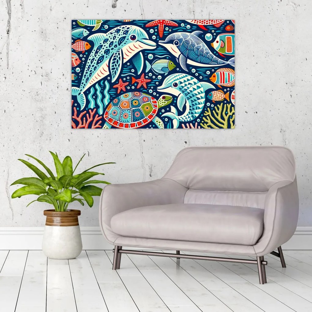 Kép – Rajzolt vízi állatok (90x60 cm)