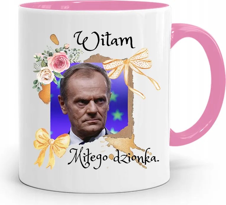 Donald Tusk Rózsaszín Bögre Platform Ajándék fényképes nyomtatással