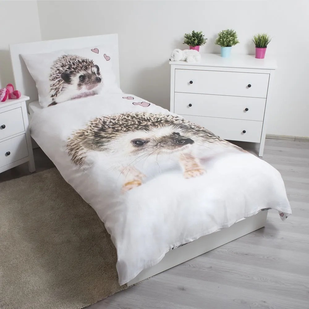 Fehér-barna egyszemélyes pamut gyerek ágyneműhuzat 140x200 cm Hedgehog – Jerry Fabrics