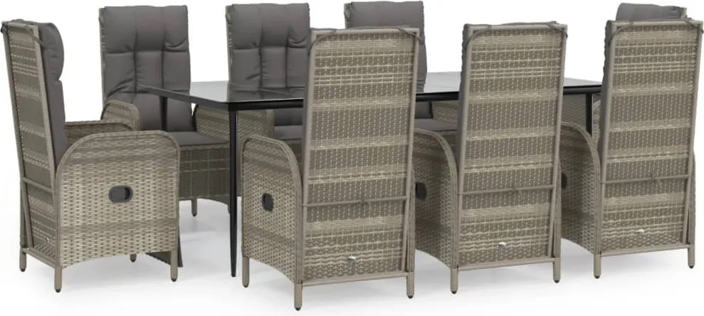 vidaXL 9 részes fekete és szürke polyrattan kerti étkezőszett párnával