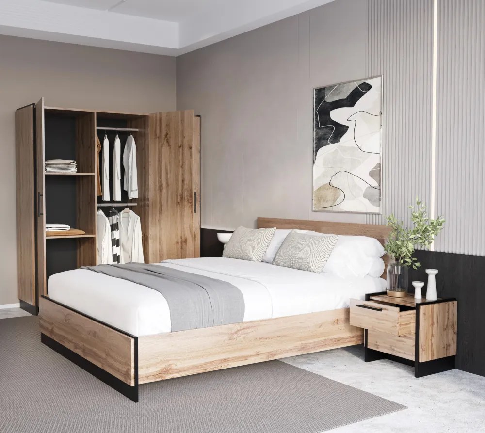 Ágy, 160x200, wotan tölgy/fekete, AMONI