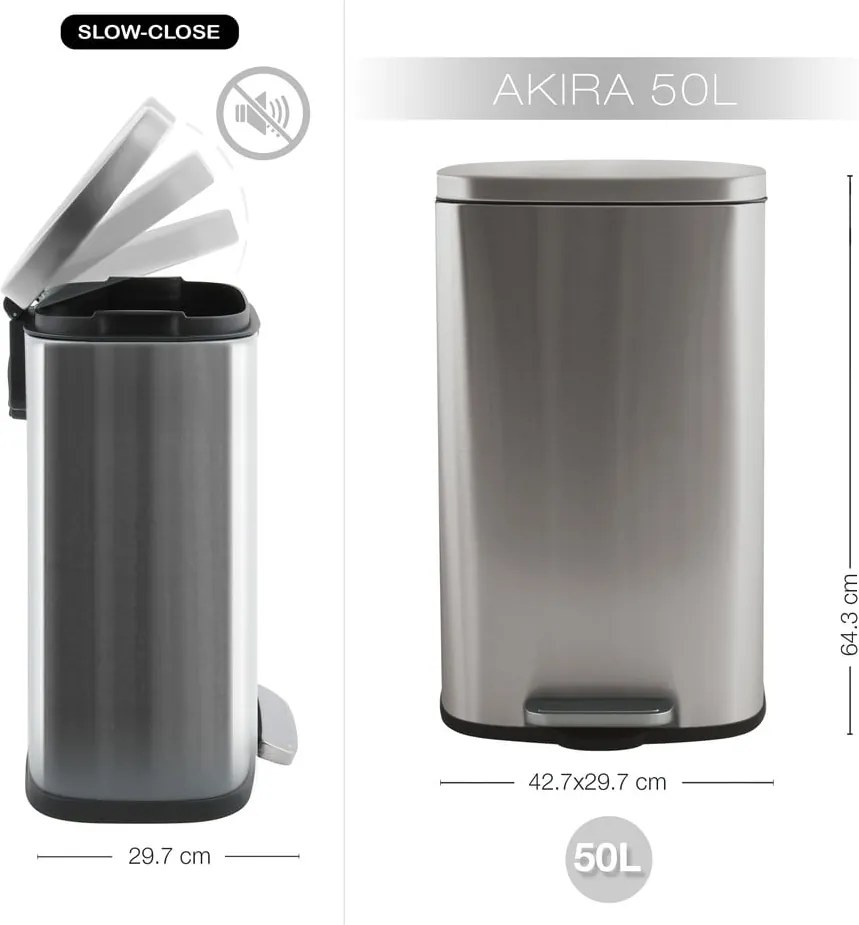 Matt ezüstszínű acél pedálos szemetes 50 l Akira – Spirella